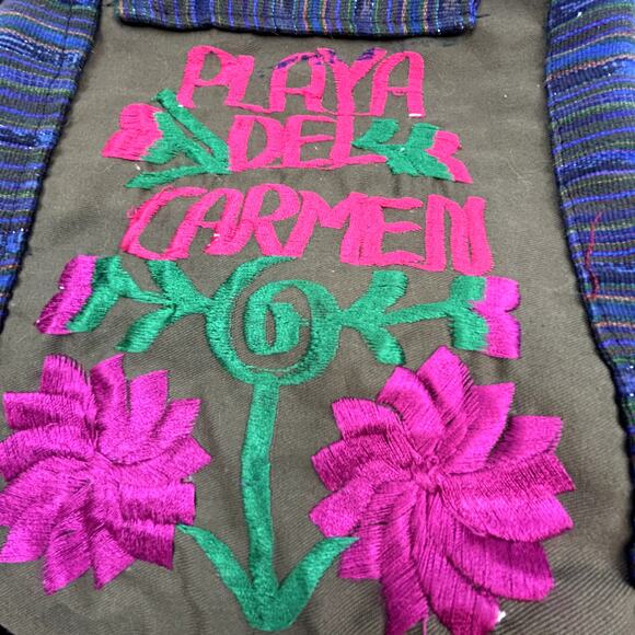 Cloth Purse Bohemian Sling Mexico Playa Del Carmen embroidered cinch lined - Picture 7 of 12